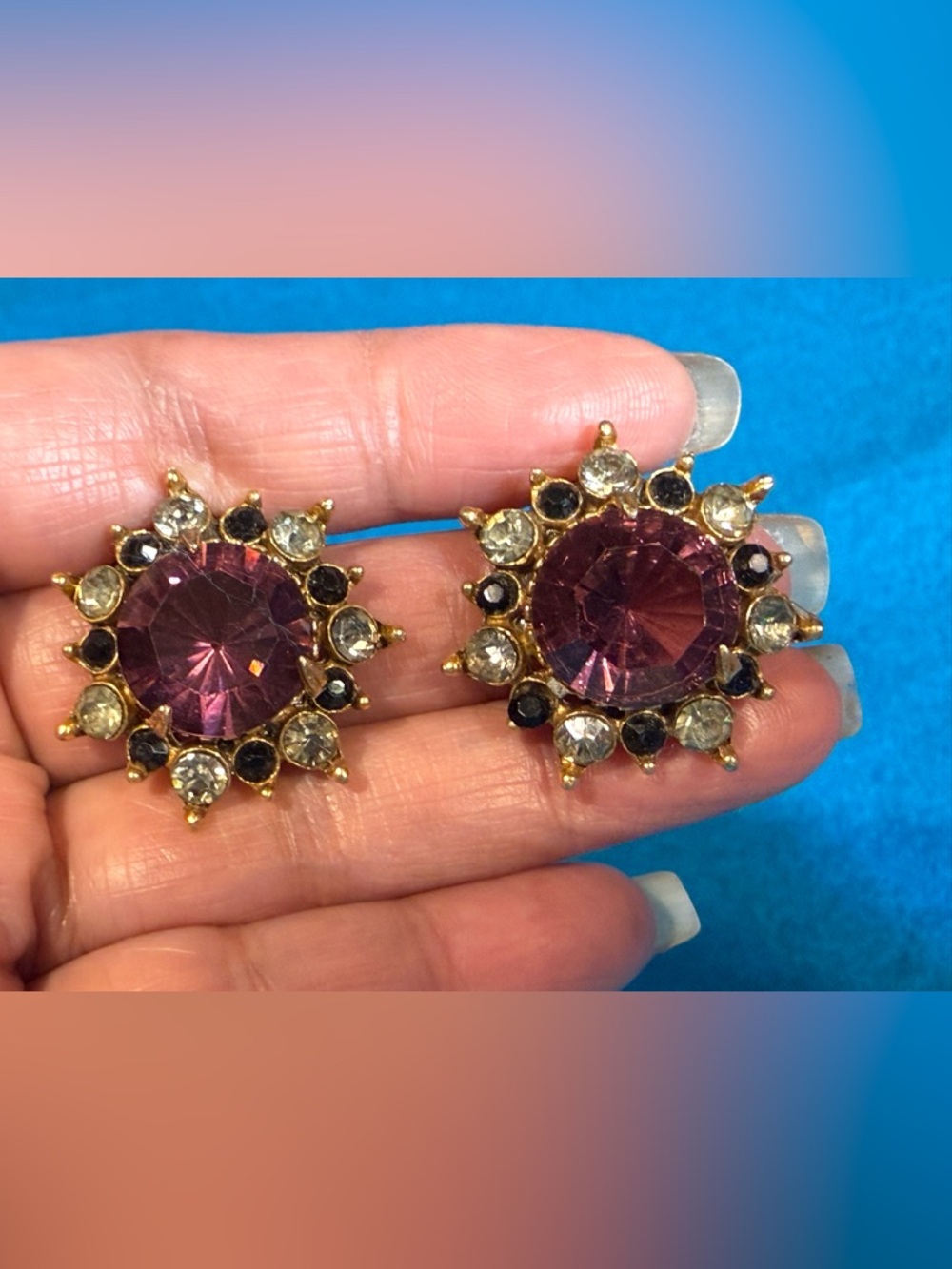 Vintage Florenza Gold-Tone Purple Sunburst Crystal Stud Earrings